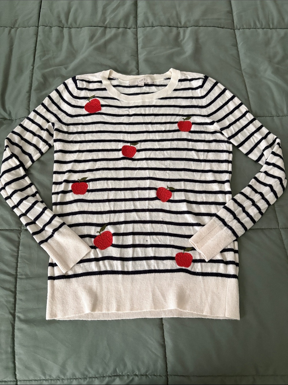 LOFT White & Navy Striped Crewneck Sweater with Red Apple Embroidery